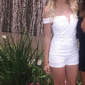 Akira - Off the Shoulder White Lace Romper - Small